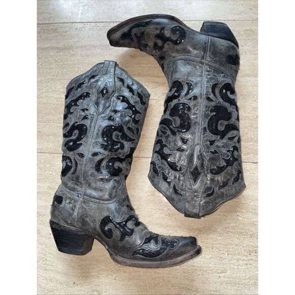 Corral Women's CARMEN A1065 Black Gray Sequins Inlay Leather Cowboy‎ boots 6 M